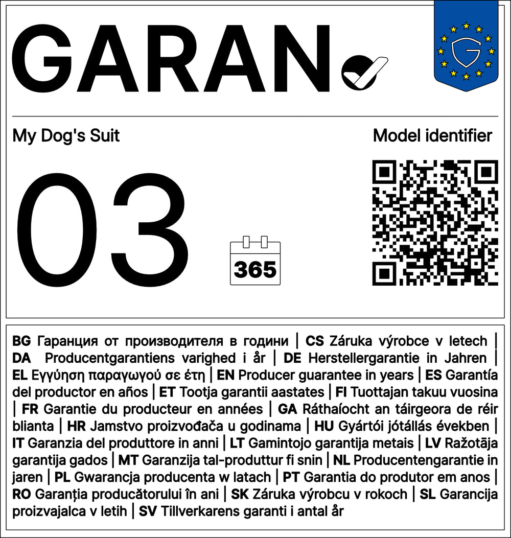 EU GARAN-Label: 3 Jahre Herstellergarantie MY DOG'S SUIT